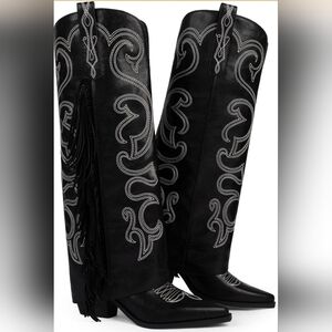 Black Fringe Knee High Western Boots Embroidered Pointed Toe Chunky Heel Size 9